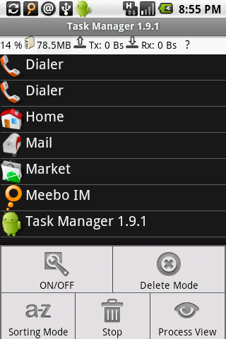 Android Process Manager - Menu